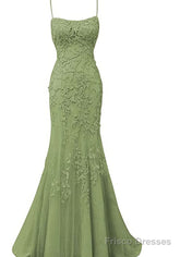 Sage Green Lace Appliques Dresses Long Prom Dress Mermaid Spaghetti Straps Evening Dress