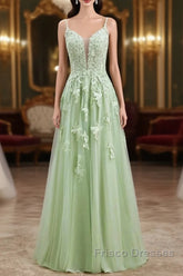 Sage Green Long Formal Prom Dress Lace Appliques V Neck Lace-Up