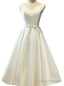 Satin A-Line Short V Neck Sashes Lace Up Tea Length Bridal Dresses