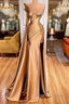 Satin Gold One Shoulder Mermaid Formal Prom Dress With Slit