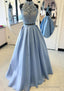 Satin Prom Dresses A-Line/Princess High-Neck Long/Floor-Length With Lace