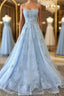 Scoop Neck Light Blue Backless Lace Formal Prom Dresses, Scoop Neck Blue Lace Formal Evening Dresses