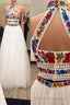 Two Piece High Neck Long Formal Prom Dress with Appliques, Unique Sleeveless Party Dress