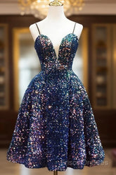 Sequins V-Neckline Short Straps Homecoming Dress, Short Sequins Formal Prom Dress