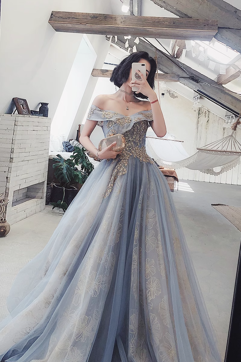 Sexy A line Off The Shoulder Gray Blue Prom Dresses Lace Long Prom Gow