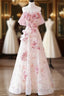 Sexy A Line Off The Shoulder Pink Tulle Floor Length Floral Formal Prom Dress