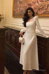 Sexy A Line Square Neckline Long Sleeves White Prom Dress