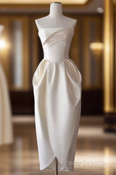 Sexy A Line Strapless Satin White Tea Length Wedding Dress Brides Dress