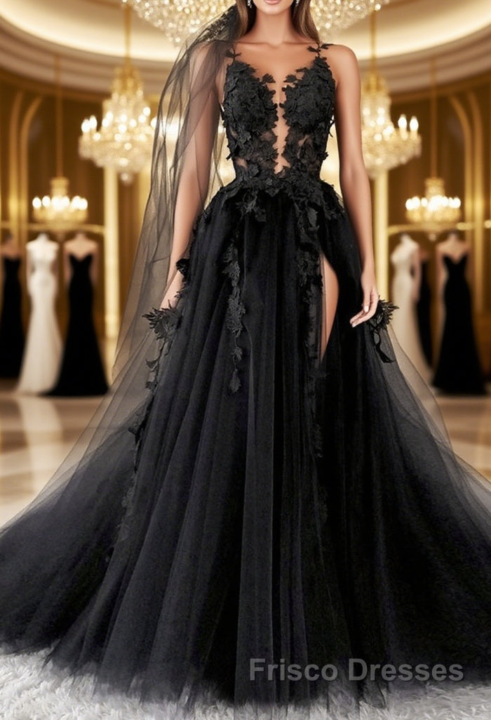 Sexy Backless Appliques Black Lace Long Formal Prom Dresses, Black Lac
