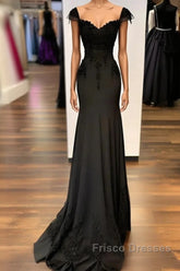 Sexy Black Mermaid Gown V Neck Chiffon Lace Formal Prom Dress Evening Dress