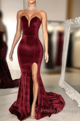 Sexy Burgundy Velvet Wedding Guest Dress V Neck Mermaid Formal Prom Dress