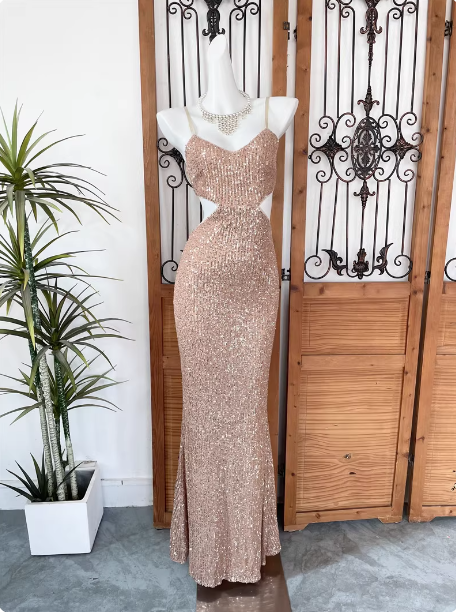champagne pink prom dress Sexy Mermaid Spaghetti Strap Waist Cutout Sequin Long P – Frisco Dresses formal events Metal Type:14K White Gold Handmade Black Leather Dress dress-ruffle