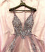 Sexy Deep V Neck Pink Prom Dresses