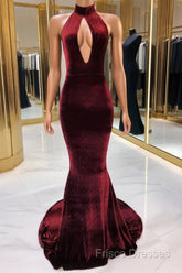 Sexy Halter Burgundy Winter Wedding Guest Dress Velvet Formal Prom Dress Sleeveless