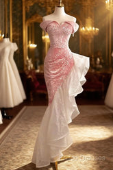 Sexy High Low Off The Shoulder Pink Velvet Formal Prom Dress