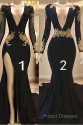Sexy Long Sleeve Black Gold Formal Prom Dress V Neck Appliques Formal Dress