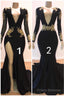 Sexy Long Sleeves Black Mermaid Prom Dress Sequins Long Deep V-neck With Split
