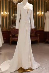 Sexy Mermaid Long Sleeves V Neckline Satin White Long Wedding Dress Brides Dress