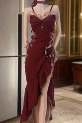 Sexy Mermaid Spaghetti Straps Burgundy Long Evening Dress Formal Prom Dress