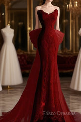 Sexy Mermaid Strapless Red Lace Long Formal Prom Dress