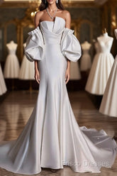 Sexy Mermaid Strapless Short Sleeves White Satin Wedding Dress Brides Dress