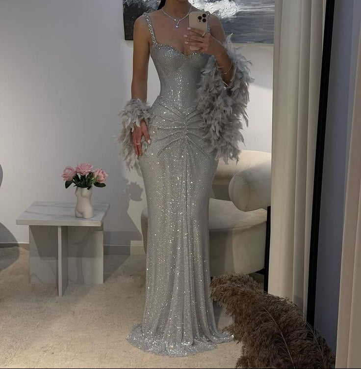 Sexy Mermaid Straps Silver Sequin Long Prom Dresses Party Dress 20Th B – Frisco Dresses