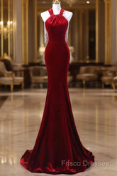 Sexy Mermaid Velvet Party Dress Red Formal Prom Dress