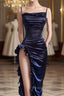 Sexy Sheath Column Spaghetti Straps Navy Blue Backless Satin Formal Prom Dress