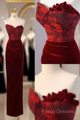 Sexy Sheath Long Senior Burgundy Velvet Formal Prom Dress Formal Dress