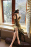 Sexy Sheath Spaghetti Straps Green Ruffles Long Evening Dress Lace Prom Dresses