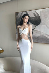 Sexy Sheath Straps Long White Prom Dresses