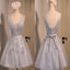Sexy Short A-Line Deep V Neck V-Back Sleeveless Lace Up Back Organza Appliques Homecoming Dress