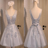 Sexy Short A-Line Deep V Neck V-Back Sleeveless Lace Up Back Organza Appliques Homecoming Dress