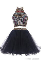 Sexy Two Pieces Backless Black Homecoming/Prom Dresses