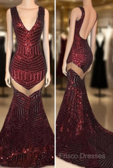 Sexy V-Neck Black Sequined Burgundy Formal Prom Dress
