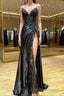 Sheath Black Long Appliques Formal Prom Dress