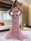 Sheath/Column Off-the-Shoulder Court Train Lace Prom Dresses With Appliques Lace