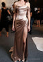 Sheath/Column Off-the-Shoulder Short Sleeve Sweep Train Satin Prom Dresses With Pleated