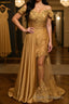 Sheath/Column Off-the-Shoulder Sweep Train Elastic Woven Satin Formal Prom Dress With Appliques Lace