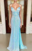 Sheath/Column V Neck Spaghetti Straps Sweep Train Sequined Formal Prom Dress With Split
