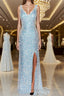 Sheath/Column V-neck Sweep Train Velvet Sequins Formal Prom Dress With Leg Slit