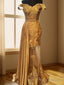 Sheath Off-the-Shoulder Ruffles Sweep Train Elastic Woven Satin Dress