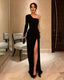 Sheath One Shoulder Black Elastic Satin Evening Dress, Split Black Party Prom Dresss