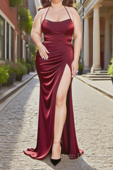 Sheath Square Neckline Sweep Train Dark Red Plus Size Formal Prom Dress With Pleated Split Formal Evening Dress