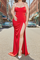 Sheath Square Neckline Sweep Train Red Plus Size Formal Prom Dress With Pleated Split Formal Evening Dress
