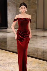 Sheath Strapless Red Velvet Prom Dresses Evening Dress