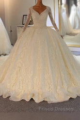 Shinny Long A-line Full Beading Lace-Up Wedding Dress with Sleeves