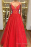 Shiny A Line V Neck Black Red Long Formal Prom Dress, V Neck Backless Long Formal Dress
