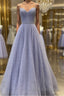 Shiny A Line V Neck Purple Lace Formal Prom Dresses, A Line V Neck Purple Lace Formal Evening Dresses