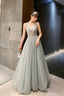 Shiny Beaded V Back Tulle Long Prom Dress , Charming Tulle Party Dresses